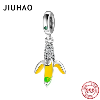 

925 Sterling Silver Yellow enamel Pretty Banana Shape Bright zircon Beads Jewelry Making Charm fit Designer Charms Bracelet