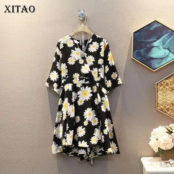 

XITAO Two Piece Set Print Floral Pullover Women Small Fresh Top Elastic Waist Casual Style Summer Elegant Short Pants ZP1175