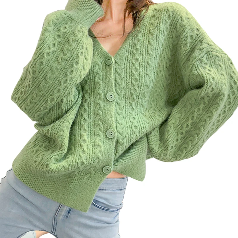 green HEFLASHOR вязаный кардиган, свитер, пальто для женщин, весна-осень, повседневное свободное розовое пальто с витым кабелем,, корейский свитер для женщин - Цвет: green