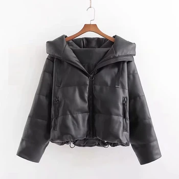 

Winter PU Leather Parkas Women Hooded Winter Coats Korean Warm Thick Parkas Mujer 2019 Faux Outwear