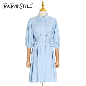 

TWOTWINSTYLE Casual Plested Women Dress Lapel Collar Lantern Long Sleeve High Waist Lace Up Midi Dresses Female Clothing Fashion