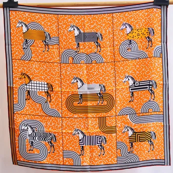 

New Arrival Horse Dot Scarf Women Pure Twill Silk Scarves Square Bandana Handmade Hemming Female Shawls Wraps 90*90cm Brand