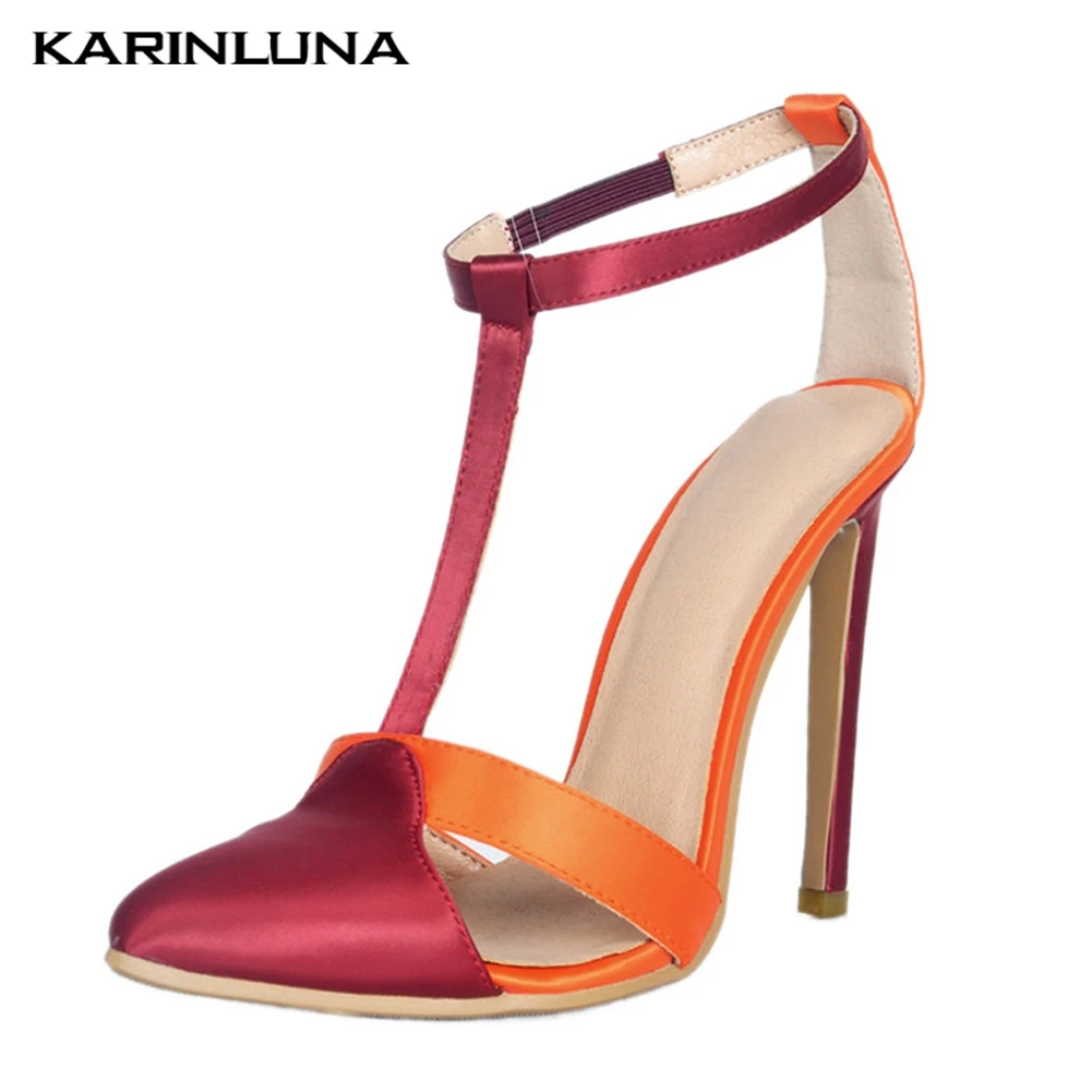 

Karinluna 2019 Brand Big Size 47 Pointed Toe Thin High Heel Shoes Women Party Sexy Shoes Summer t-strap Sandals Woman Shoes 2019