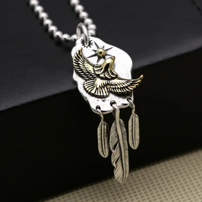 

925 Sterling Silver Jewelry Men Women Ethnic Initial Pendant Flying eagle Feather Necklace Pendant