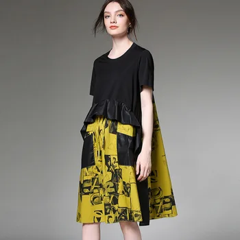 

LANMREM 2020 New Summer Round Neck Short Sleeves Pullover Patchwork Printed Inks Big Size Loose Women Dress WL12707XXXL