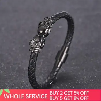 

Jiayiqi Black Leather Bracelet for Men Jewelry Skull Stainless Steel Beads Bangle Magnetic Buckle Bangle Male Jewelry