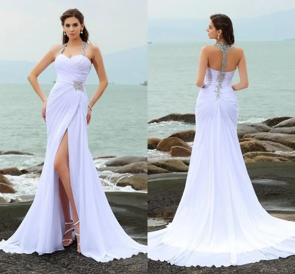 

New Straps Beading Long Chiffon Beach Wedding Dresses 2020 Front Slit White Crystals Bridal Dress vestidos de noiva renda ma