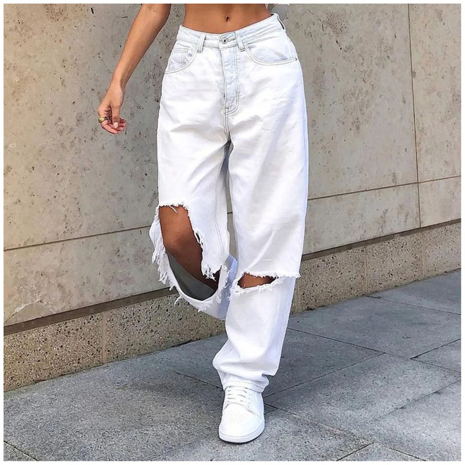 Pantalones vaqueros holgados de cintura alta para mujer, pantalón informal con bolsillos, con agujeros elásticos