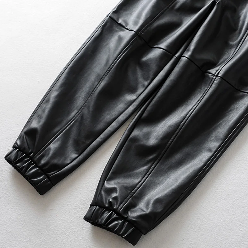 RR Faux Leather Safari Pants Women Fashion PU Leather Radish Trousers Women Elegant Pockets Pants Female Ladies JI