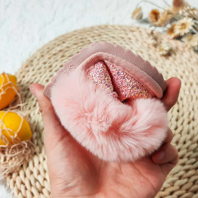 AOGT Winter Baby Girl Shoes Rabbit Fur Shiny Sequins Toddler Boots Fashion Non-Slip Waterproof Warm Plush Infant Snow Boots