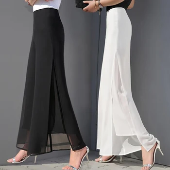 

2020 Summer Autumn Women Chiffon Wide-leg Pants High Waist Full Length Pants Female Fashion Loose Split Chiffon Pants mujer