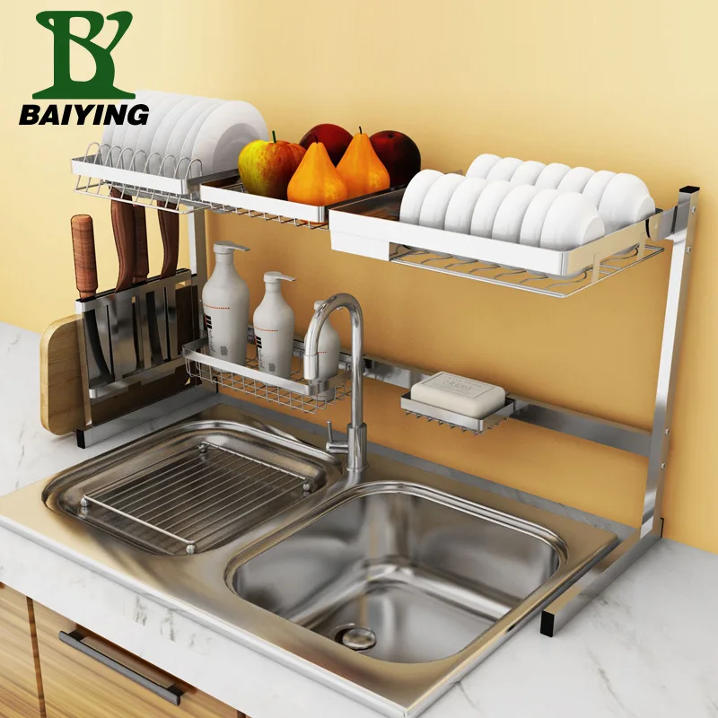 Wain 304 Kitchen Hook, Stainless Steel Sink Draining Shelf Double Layer Storage Rack Dish Rack Square Hook