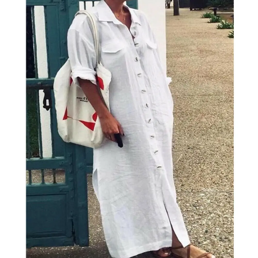 

New Women's Casual Plain Long Sleeve Maxi Dress Ladies Loose Kaftan Tunic Baggy Button Down Long Shirt Dresses