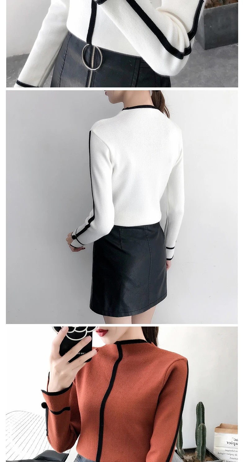 Neploe Pull Femme, контрастные цвета, вязаные пуловеры, длинный рукав, половина водолазки, трикотаж, модные тонкие корейские джемпера 55421