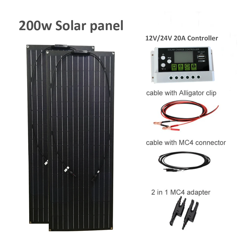 200 Watt 200W Solar Panel 20A PWM LCD USB Solar Controller RV Boat off Grid 