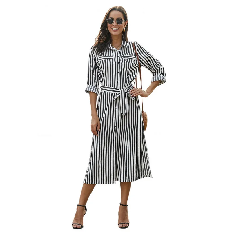 

Striped Bow Runway Dresses Designers 2020 Shirt Party High Quality Long-sleeved Instagram Fashion Woman Hipster Clothing