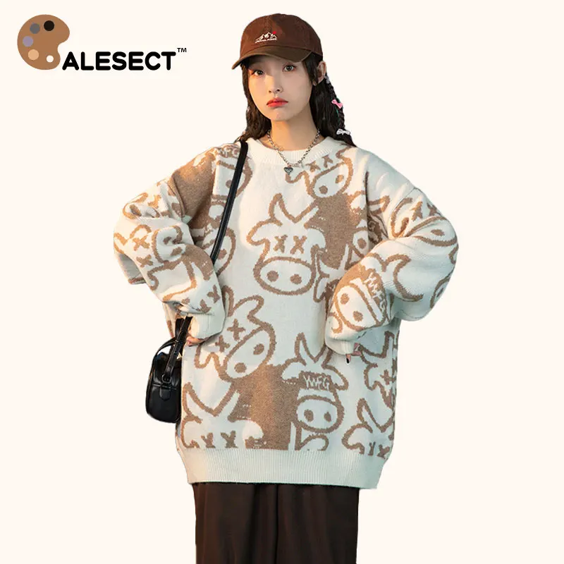 

CALESECT Oversize Cow Print Knitted Sweater Women 2022 Winter Cartoon Loose Pullover Harajuku Men Unisex Streetwear Warm Jumper