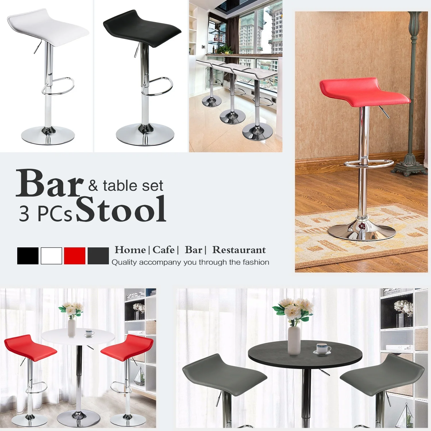 3 Piece Swivel Adjustable Bar Stool Leather Pub Bistro Chair Dining Kitchen Seat