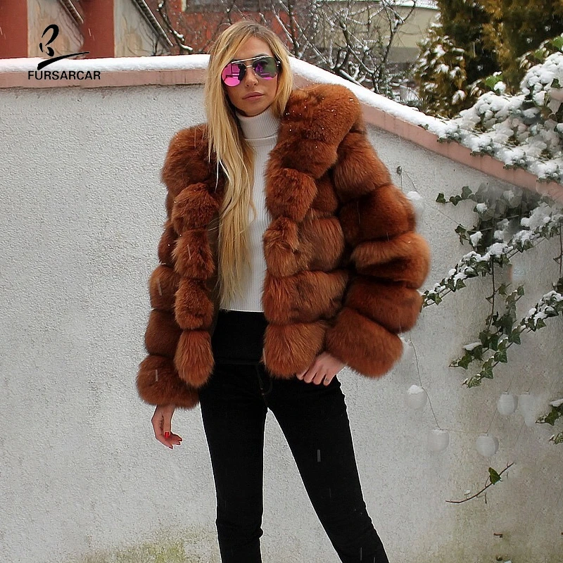 FURSARCAR New Genuine Natural Real Blue Fox Russet Fur Jackets And Coats Women With Hood Fashion Luxury Female Winter Coat