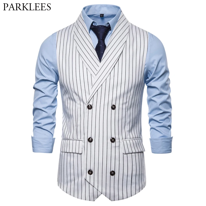 Жилет мужской двубортный в Вертикальную Полоску Приталенный жилет с воротником