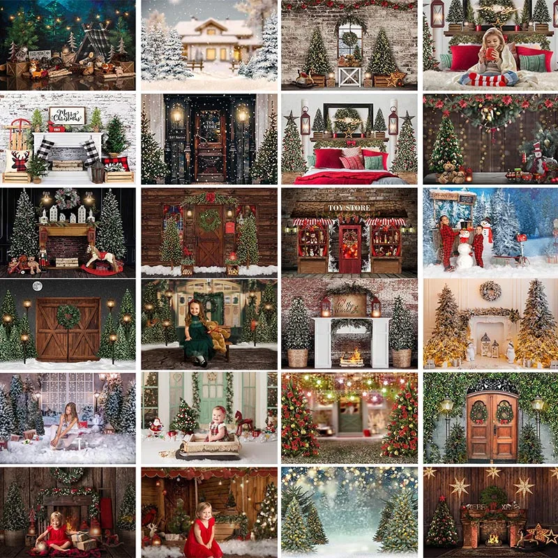 

Christmas Tree Old Brick Wall Fireplace Background for Photography Snow Glitter Bokeh Children Photocall Backdrop Photo Studio