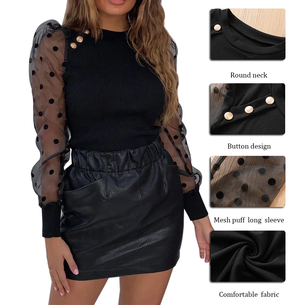 

2020 Spring Womens Polka Dot Mesh Sheer Puff Sleeve Patchwork Sweater Ladies Long Sleeve O Neck Pullover Knitted Tops