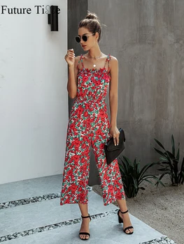 

Future Time Summer Fashion Printed Halter Women Elastic Waist Straight Tube Jumpsuit Women Floral Jumpsuit SP569