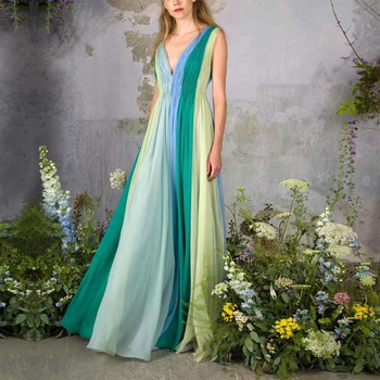 

2020 New Arrival Elegant V Neck Chiffon Dress Women Sleevless Summer Contrast Color Runway Designer Lady Long Maxi Dresses Robe