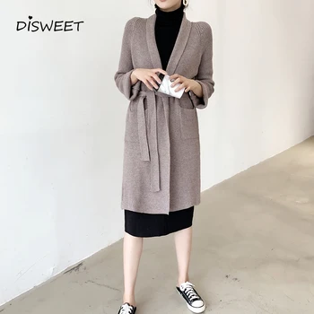 

Korean Knitted Sweater Autumn Long Sleeve Loose Long Solid Color Sweater Ladies Simple Tie Pocket V-Neck Slim Sweater Women 2019
