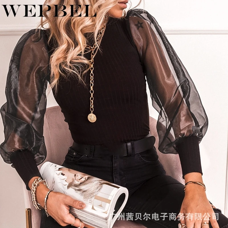 WEPBEL футболка с длинным пышным рукавом Ins стильные сетчатые Прозрачные топы