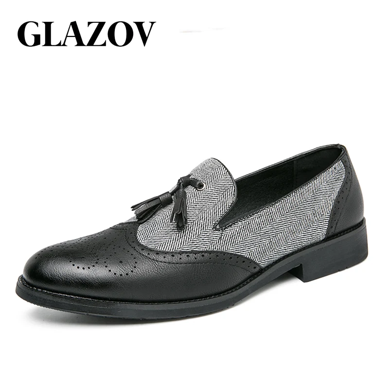 

GLAZOV New Men Genuine Wingtip Leather Oxford Shoes Pointed Toe Laces Up Oxfords Dress Brogues Wedding Business Platform Shoes