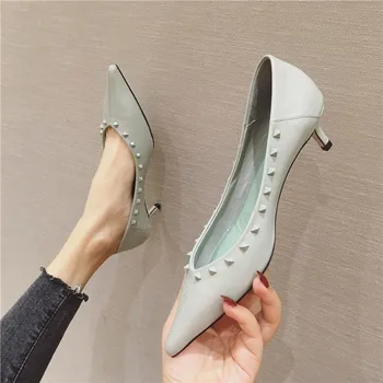 

Rivet Pumps Shoes Women Mixed Colors Autumn Spring Slip On Pointed Toe Black Shoes For Women Elegant Party Shoes Fashion Sexy
