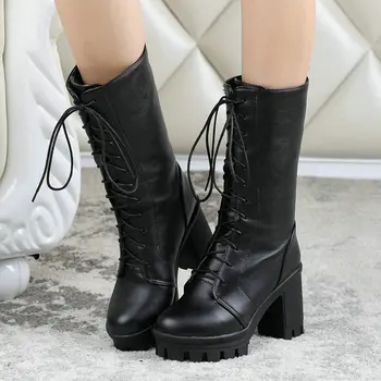 

2020 New Women Mid Calf Boots Platform Thick Heel Women Boots Cross Tied Women Riding Boots Black Brown White Plus Size 34-43