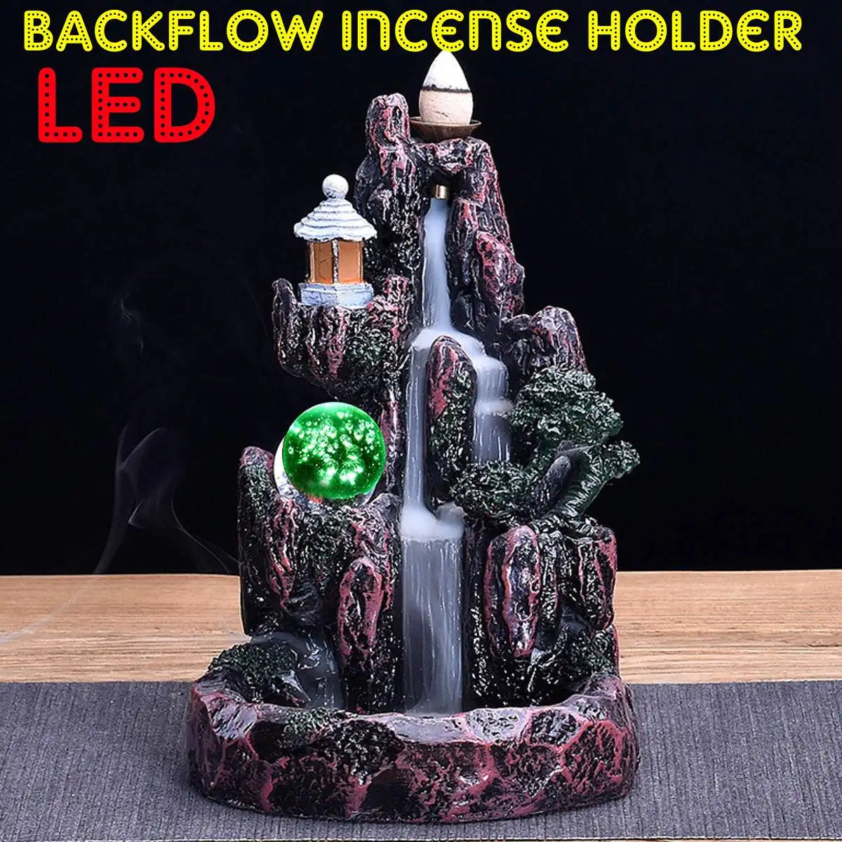 LED Waterfall Backflow Resin Incense Burner Glowing Ball Home Incense Holder Table Ornament