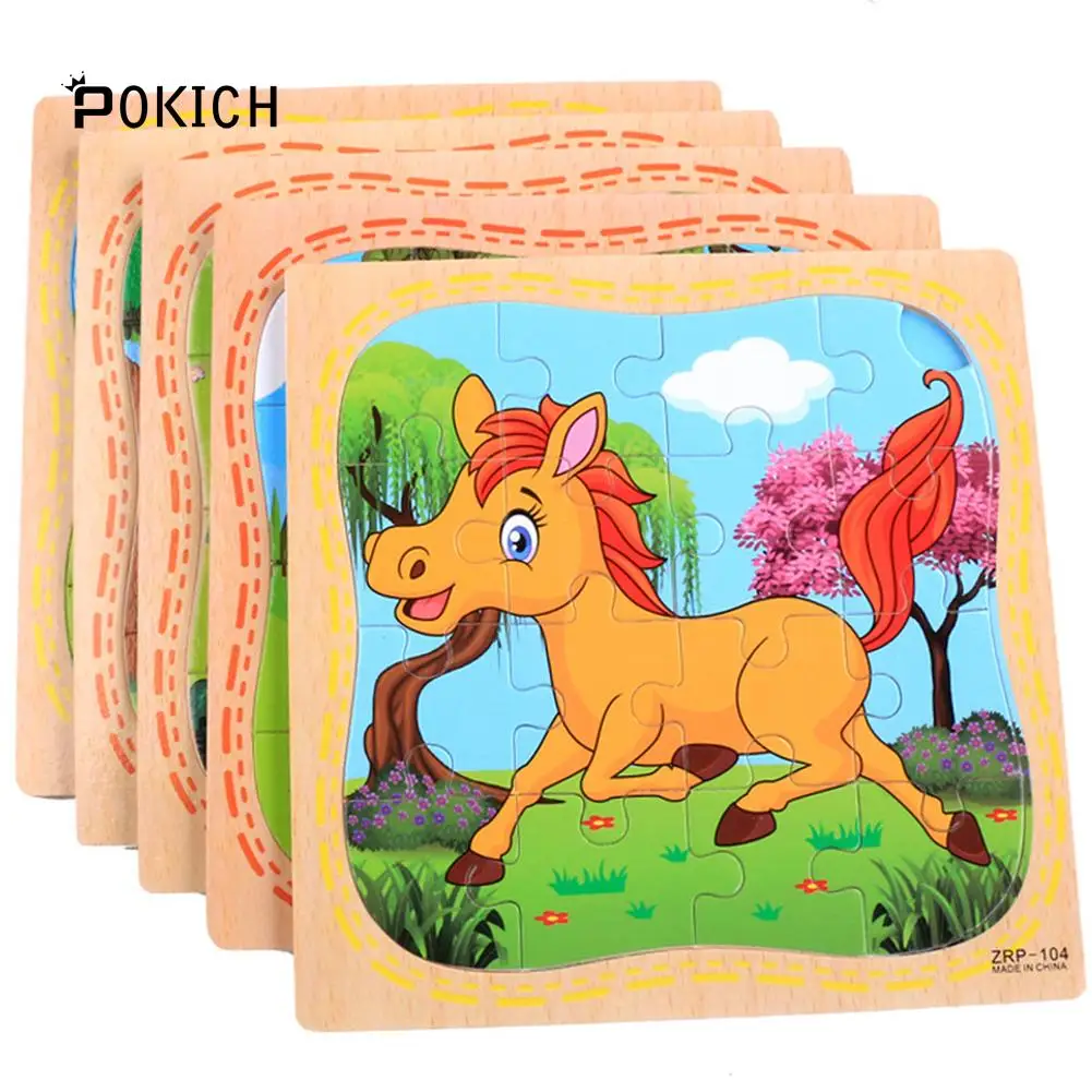 Pokich деревянные пазлы Игрушки 16 шт. дети радость Превосходное качество головоломки мультфильм Животные Развивающие головоломки игрушки для детей