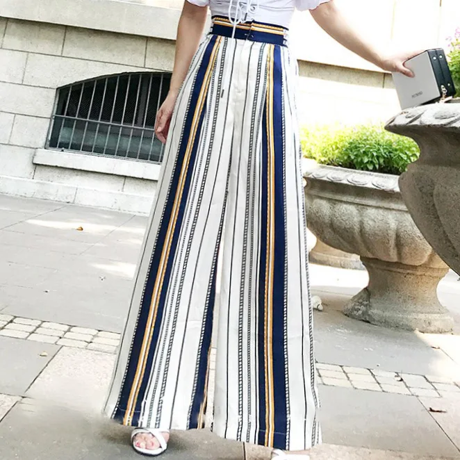 fashion Autumn Chiffon pants women high waist pants stripe wide-leg pants Women stripe straight pants women high waist trousers