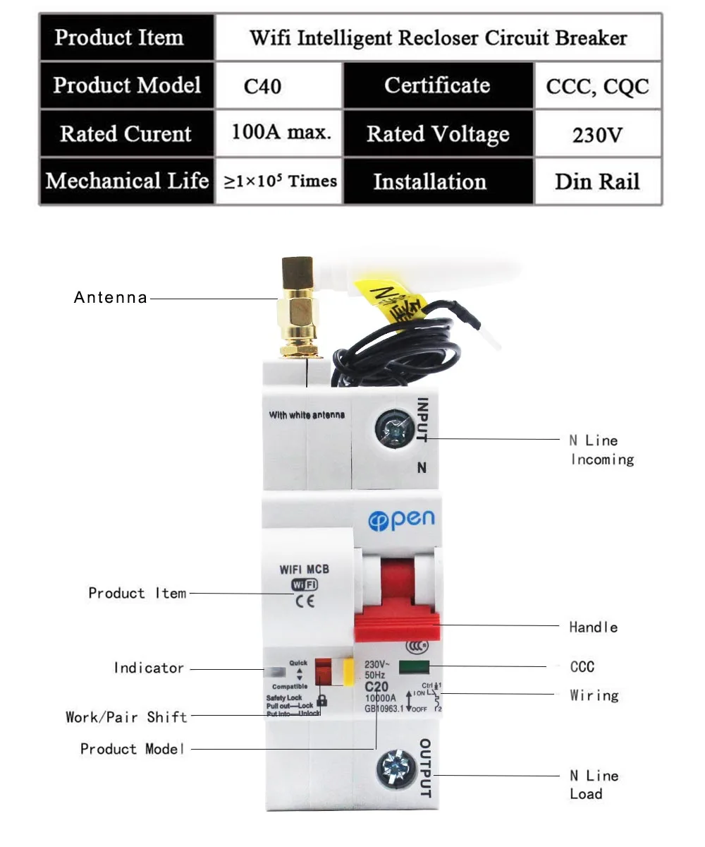 OPEN 1P WIFI Circuit breaker Remote Control overload and short circuit