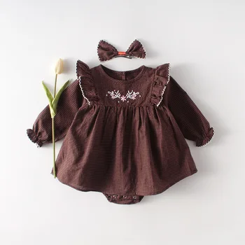 

3255 2020 Spring Girl Plaid Long Sleeve Skirt Romper Princess Cotton Korean Embroidery Floral Rompers Overalls For Baby Girls