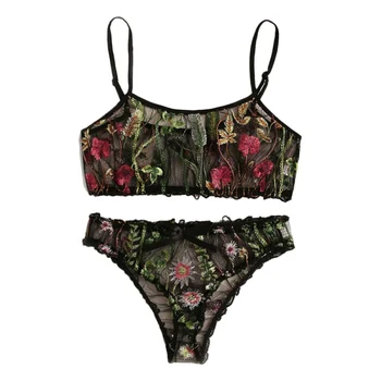 

Women Halter Bra & Brief Sets Sexy Lingerie Lace Bra+G-string Sets Lace Mesh Flower Embroidery Underwear Bralette Sets ~