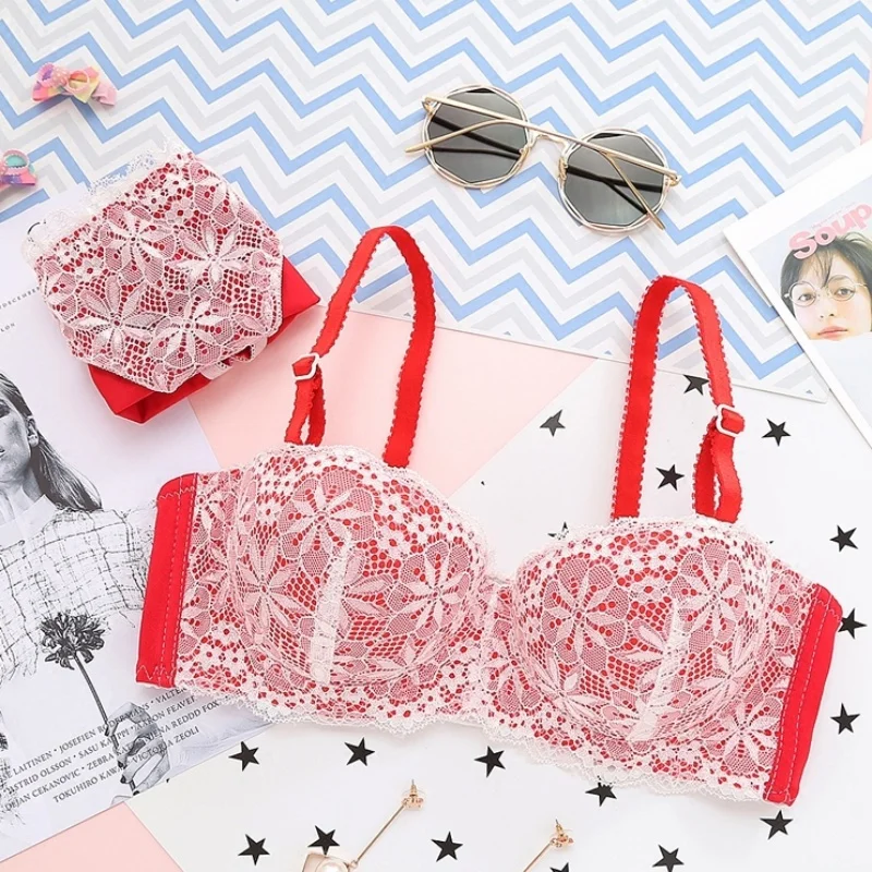 

Seamless Half Cup Lace Bra Set Women Lace Floral Thin Padded Bra set Lingerie Underwear