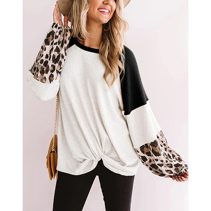 Harajuku Shirt Women O Neck Loose Knot Long Sleeve Leopard Stitch Oversized Vintage Tops