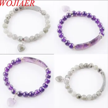 

WOJIAER Natural Gem Stone Bangles Amethysts Love Heart Fitting Healing Beads Bracelets Rectangle Stones for Women Jewelry PBK333