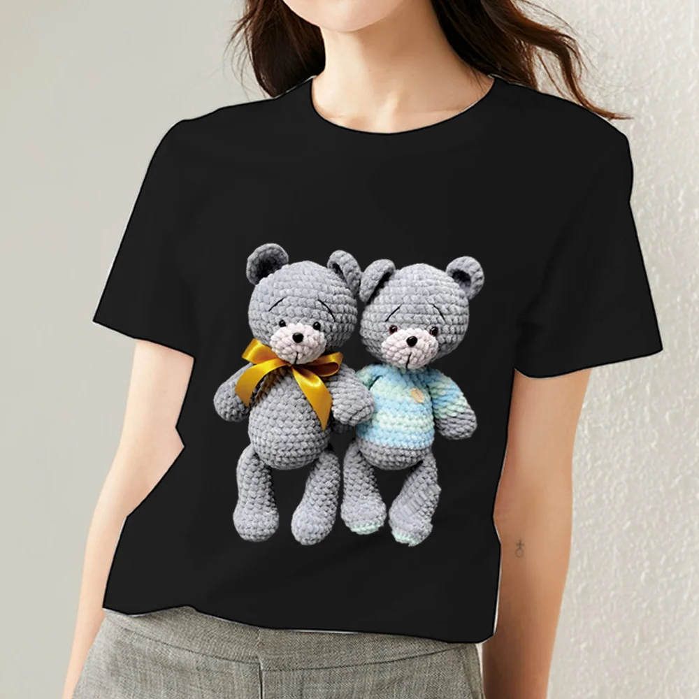 

Women Tshirts Black All-match Kawaii Cartoon Teddy Bear Pattern Short Sleeve Tops Street Fashion Print Ladies Tees Women Clothes