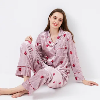 

Casual Velour Sleep Set Pyjamas Women Sleepwear Pajamas Suit Velvet Sleep Set Pink Print Intimate Lingerie Autumn New Homewear