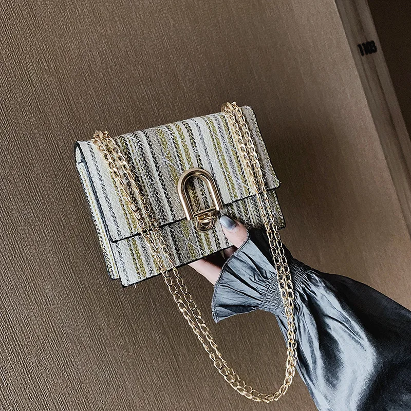 

Korean-style Woolen Cloth Stripes Linen Surface Stereo Stereotypes Square Sling Bag Lock Shoulder Oblique WOMEN'S Bag Chain Bag