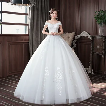 

Feerijt 2020 New Style Noble Off The Shoulder Short Sleeve Wedding Dress Sexy Boat Neck Lace Embroidery Luxury Vestido De Noiva