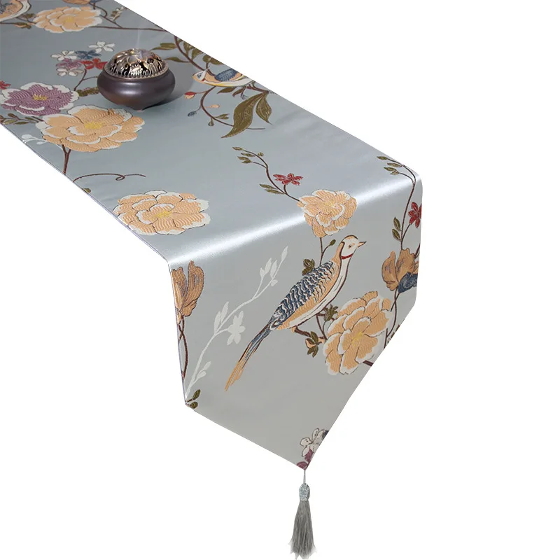 

33x210cm Chinese bird flower jacquard table runner tassel satin floral table cloth mat cover dust proof cabinet mat
