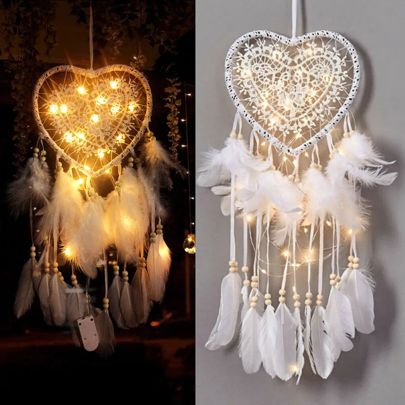 

cortinas para la sala Hollow Heart Shape Feather Pendant With LED Lights Ornament Wedding Party Decor macrame cadeau femme