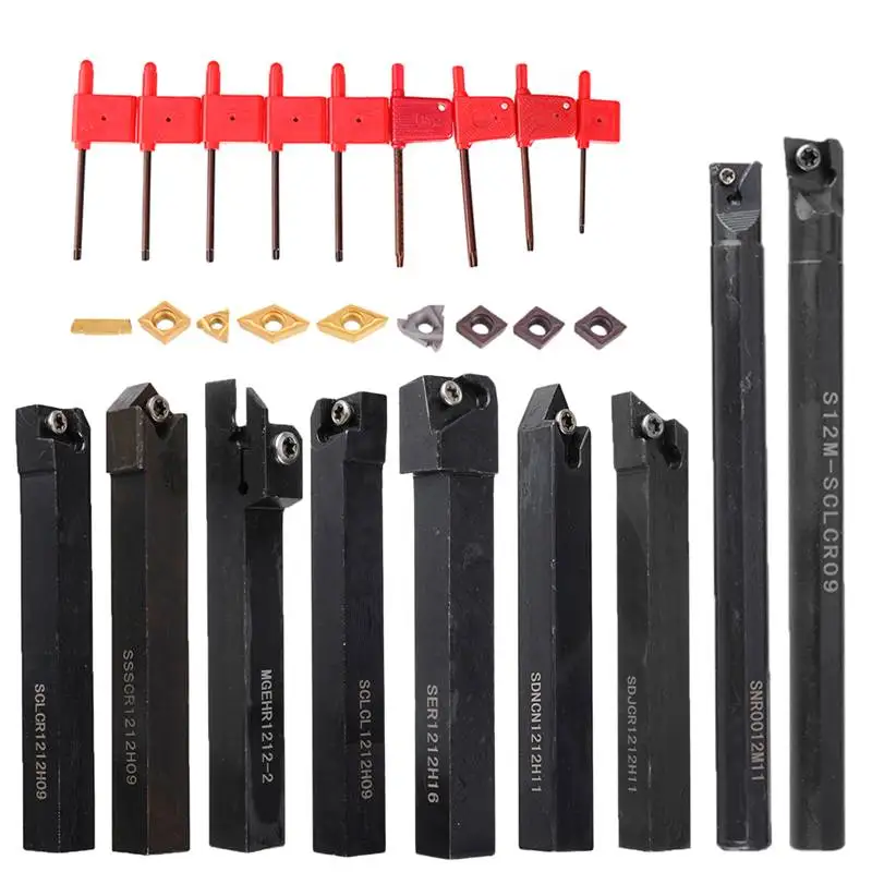 9Pcs 12mm Shank Lathe Boring Bar Turning Tool Holder Set With Carbide Inserts Lathe Tools Profiling Bar for Semi-finishing