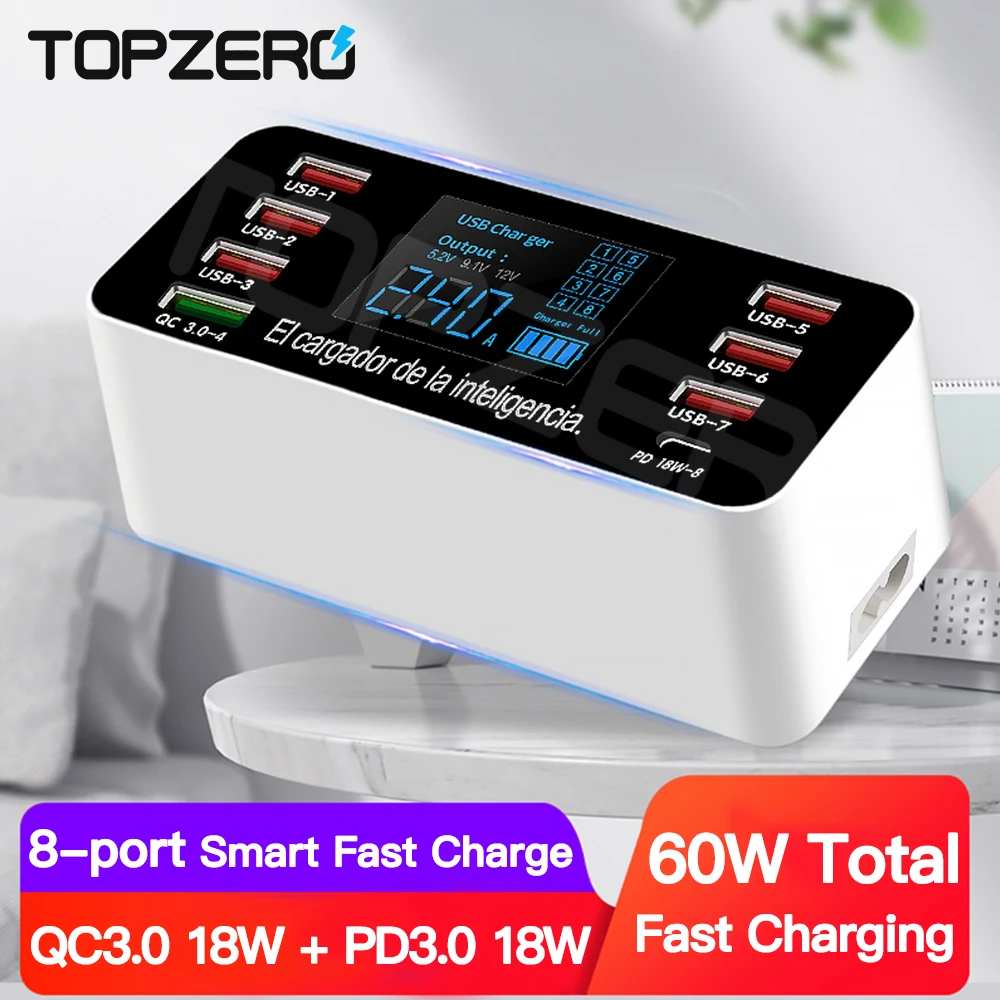 US $23.31 60W USB Charger Station 8 Port Charge Base Station PD QC 30 Fast Charge Adapter For IPhone X 12 8 7 Xiaomi Usb Phone Charging